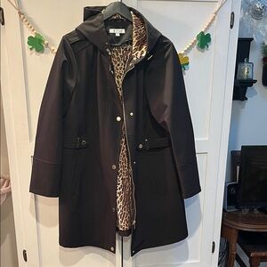 Via Spiga Black Trench Coat with Leopard Print Lining